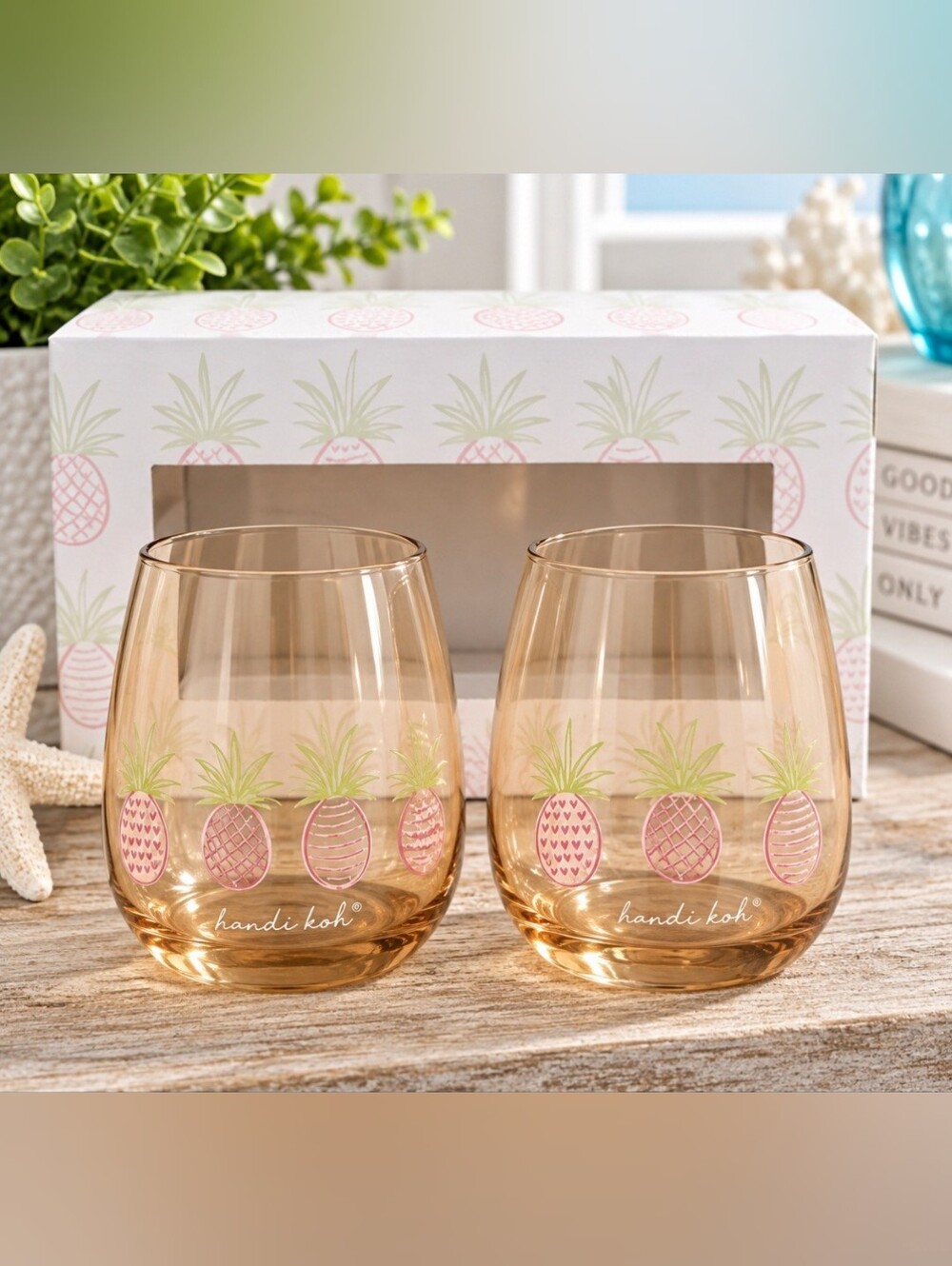Pineapple Accent Stemless Wine Glasses - Gold Pineapple Design